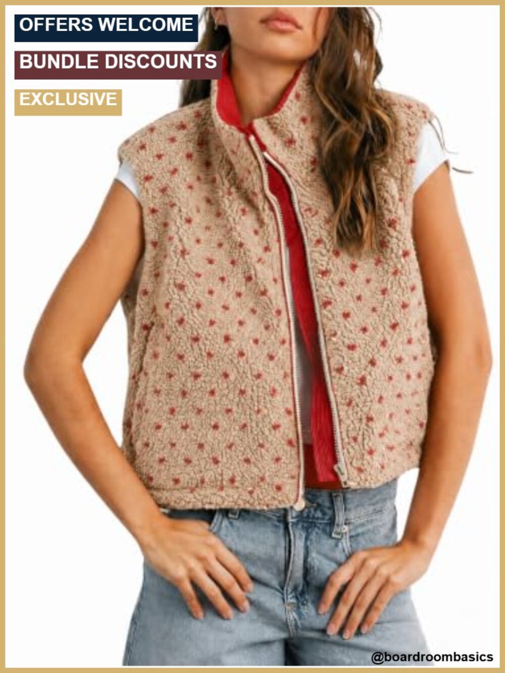 Womens Fuzzy Fleece Sherpa Vest Sleeveless Polka Dots Zip Up Stand Collar